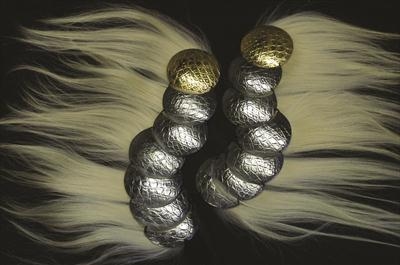 neck-piece oxidised pewter gold plate, horse-hair/goatskin